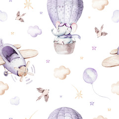 Watercolor purplecute animal safary elephant and airplane. sky scene plane and balloons, clouds. Baby Boy and girl pattern. baby shower