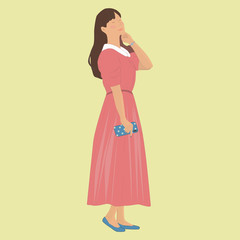 Woman with phone. Character spend a good time