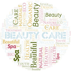 Beauty Care word cloud collage made with text only.