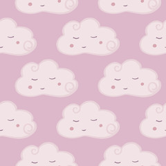 Cute pink cloud seamless pattern. Hand drawn character cloud sky wallpaper. Pastel colors.