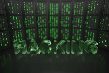 HACKING text on server room background. Conceptual 3D rendering