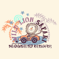 Cute little lion in the jeep safari adventure vector character illustration