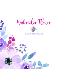 Watercolor loose style purple blue violet anemone and rose flower, blue bell, leaves corner frame. Modern trendy border template for invitation, poster, banner, wedding, greeting card design