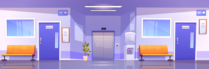 Hospital corridor interior, medical clinic hall. Vector cartoon illustration of empty waiting hallway in hospital with chairs, doors to wards, water cooler and elevator