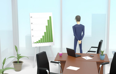 Man is standing in the modern office next to the  large window and looking outside. 3D illustration