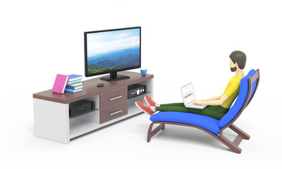 Young man is working on laptop staying home and sitting in a daybed in front of TV set. White background. 3D illustration