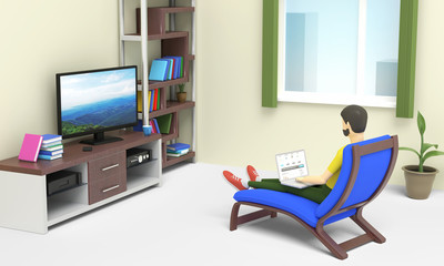 Fototapeta na wymiar Young man is working on laptop staying home and sitting in a daybed in front of TV set in his room. 3D illustration