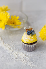 Chocolate cupcake with mascarpone cream and blueberries on a white background with a bouquet of yellow flowers.