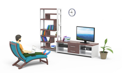 Young man is working on laptop staying home and sitting in front of TV set. White background. 3D illustration