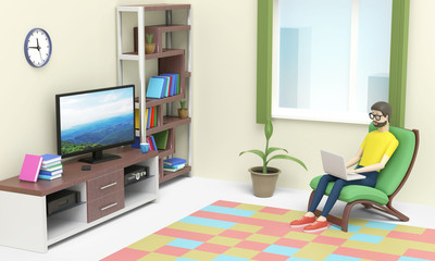 Young man is working on laptop staying home and sitting in his room. 3D illustration