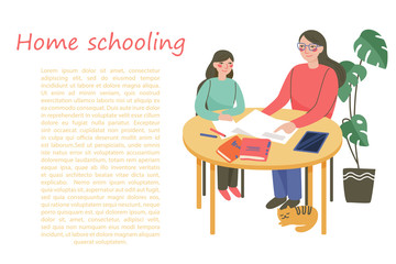 Home schooling concept. Children at home with parent teaches getting education. Educate with tutor. Mom with a child are sitting at the table. Vector illustration in cartoon flat style