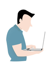 Fototapeta na wymiar Isolated concentrated man using a laptop, computer. Man working. Flat style vector illustration.