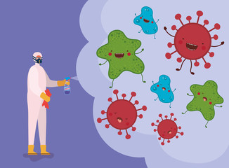 Man spraying covid 19 virus with protective suit vector design