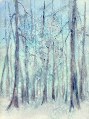 Obraz premium Watercolor: Snowfall in the old forest