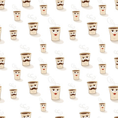Hand-drawn cartoon coffee cups with funny emotional faces. Colored seamless texture without background.