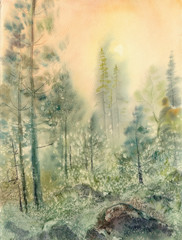 Watercolor sketch: Lapland misty dawn