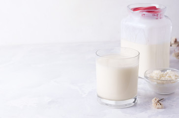 Dairy fermented drinks on a white background. Copy space