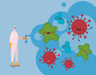 Man spraying covid 19 virus with protective suit vector design