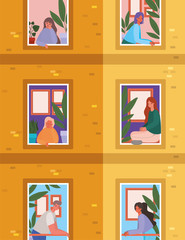 People looking out the windows from orange building vector design