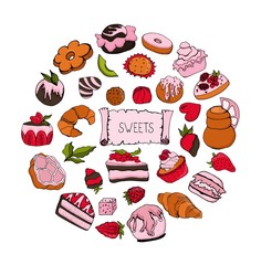 Sweet. Set with cakes, pastries, cupcakes. Vector isolated illustration for cafe and restaurant menu design. Individual elements with confectionery on a white background. Doodle style. Postcard. 
