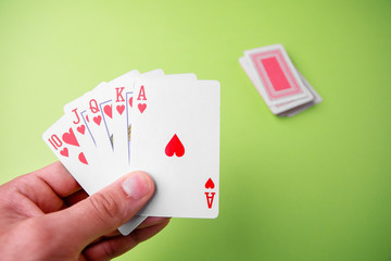 Cards draw from tens to ace. Royal flush. . Text space