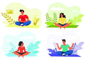 Set of men and women meditation. Men and women sitting meditation.  Relaxing the mind with meditation. mental health concept.