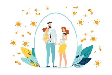 Happy parents with children is protected from viruses and diseases. Good immunity, vaccination and a healthy lifestyle. Family portrait in trendy style. Flat vector illustration