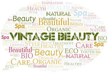 Vintage Beauty word cloud collage made with text only.