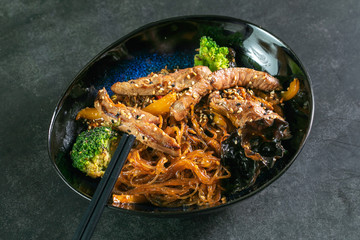 Asian noodles with meat on plate
