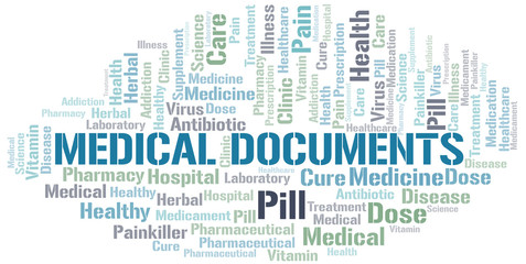 Medical Documents word cloud collage made with text only.