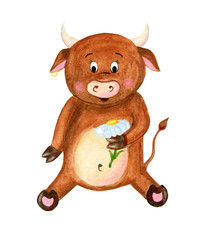 Коричневый бык сидит с ромашкой в руке.Символ 2021. Детская иллюстрация акварелью на белом фоне.