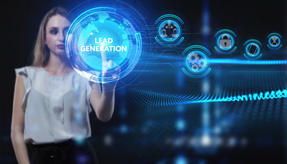 Business, Technology, Internet and network concept. Young businessman working on a virtual screen of the future and sees the inscription: Lead generation