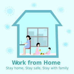 Woman is works from home by using laptop and has kids (girl) playing around.  Stay at home during the coronavirus epidemic. Remote work from home during Quarantine.family together.