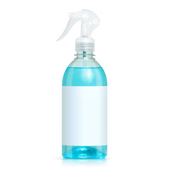 Big plastic bottle with blue sanitizing gel, white label and dispenser to wash hands and apply to...