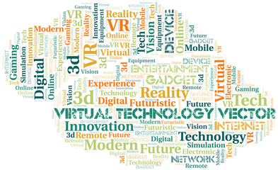 Virtual Technology Vector word cloud collage made with text only.