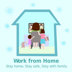Woman is works from home and has kids playing around. Video conference with colleagues. Stay at home during the covid-19 epidemic. Remote work from home during Quarantine.family together.