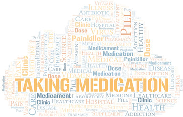 Taking Medication word cloud collage made with text only.