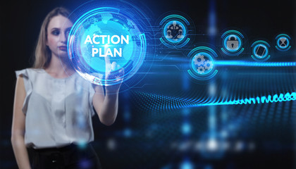 Business, Technology, Internet and network concept. Young businessman working on a virtual screen of the future and sees the inscription: Action plan