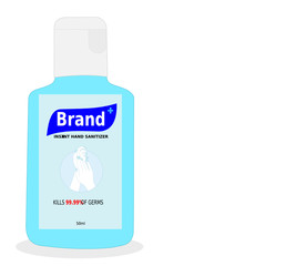 Small Hand sanitizer bottle with text on label. Packaging design. Advertising of hand sanitizer. Hand disinfectant. Personal hygiene. Illustration vector. Sanitizing container.