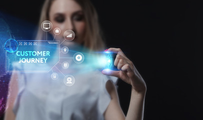 Business, Technology, Internet and network concept. Young businessman working on a virtual screen of the future and sees the inscription: Customer journey