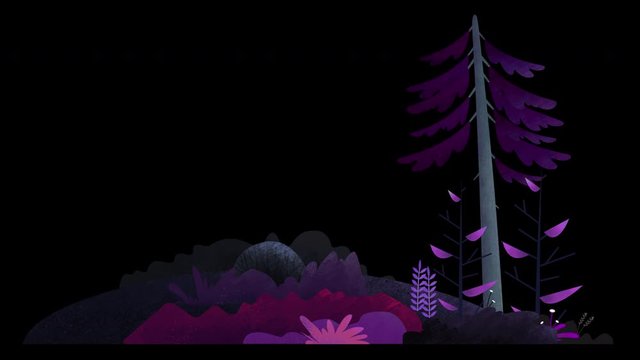 Seamless loop.Pine tree, bushes, flowers and grass on a hill swing in the wind.Purple and pink misty night. Animated vector illustration with brushes isolated on black background with alpha luma matte