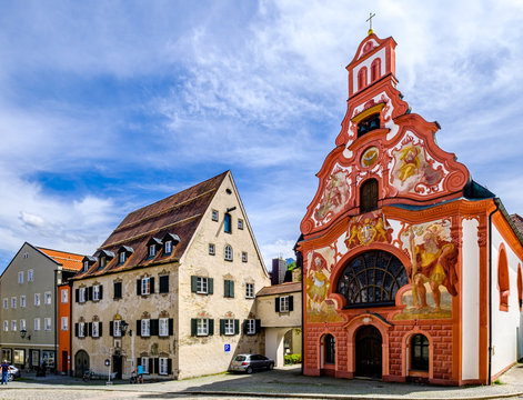 Fuessen, Germany - May 8: historical old bavarian buildings at the old town of fuessen on May 8, 2020