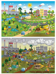 Ecological game map. Clean city and polluted city. Board game with ecological 3R concept.