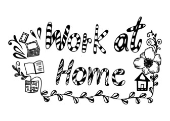Draw hand logo at the slogan Work at home Covid-19 home with house inside. Prevention of campaigns or measures from coronavirus, COVID-19 at home. Message Coronavirus hashtag messages, COVID 19 protec