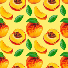 Peaches with leaves. Fruit seamless pattern design for wallpaper, paper, textile, fabric.