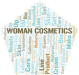Woman Cosmetics word cloud collage made with text only.
