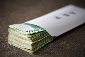 Korean won wedding congratulatory envelope, translation on envelope ''Happy wedding'' in kanji 