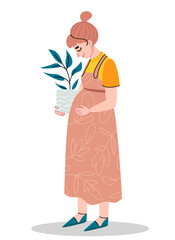 Cute pregnant girl holds a flowerpot. Stylish dress for pregnant women in neutral colors. The concept of the birth of a new life.Scandinavian style .Minimalisn . Nature .