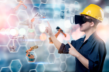 Engineer working, VR smart factory machine IOT internet of thing digital technology futuristic, Smart manufacturing digital process AI management technology app system automate robot control