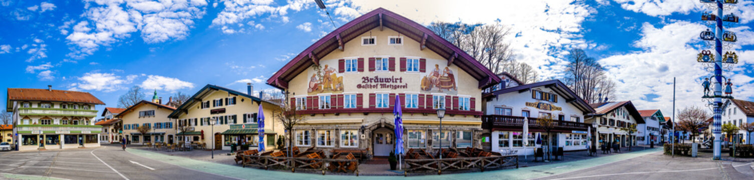 Miesbach, Germany - April 12: typical historic bavarian buildings at the old town of Miesbach on April 12, 2020